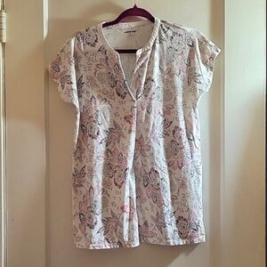 Lands' End Shirt Womens XS White Floral Short Sleeve Loose Fit Light